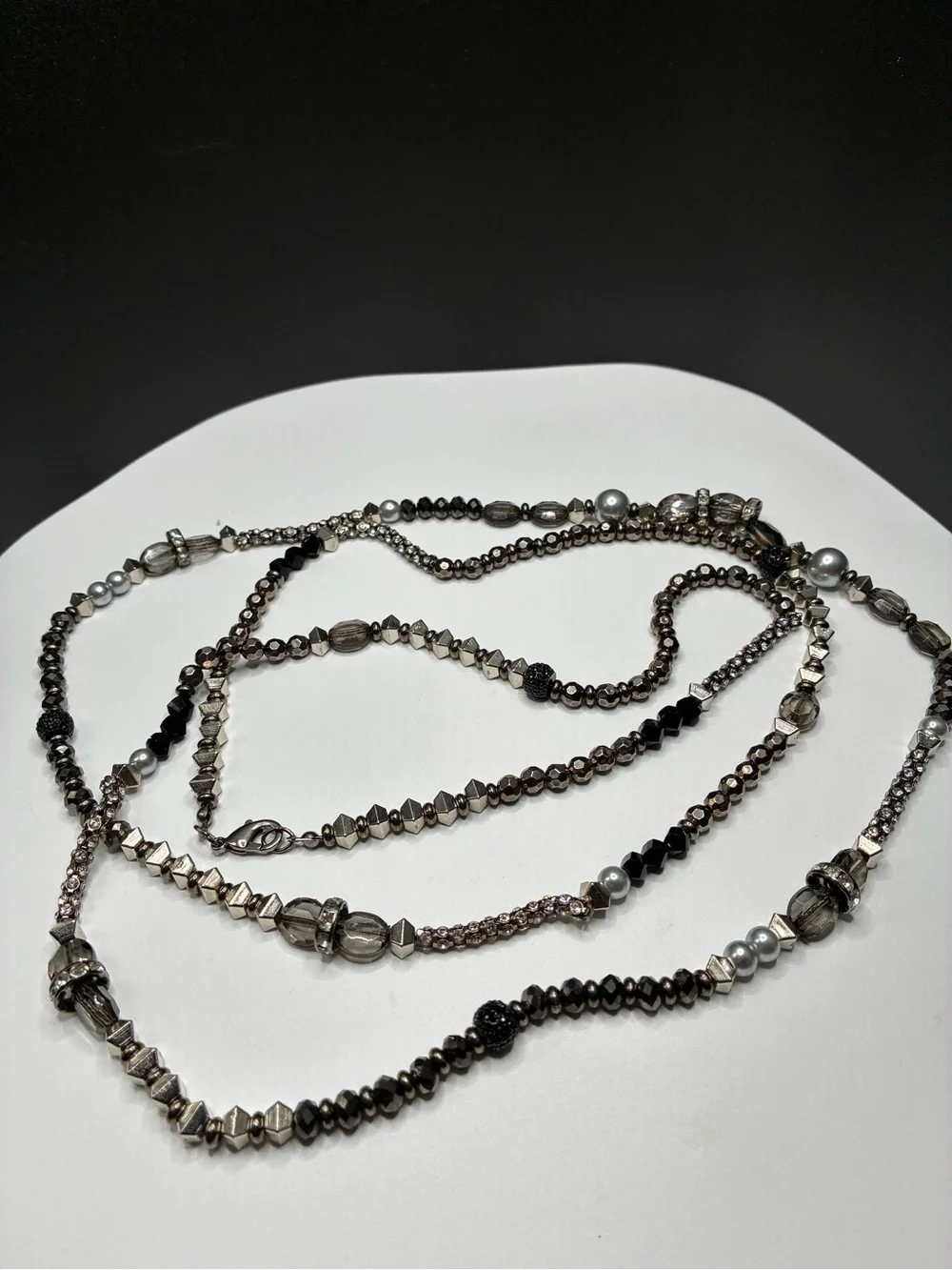 Vintage Long single Strand Black Metal and Silver Beaded Necklace